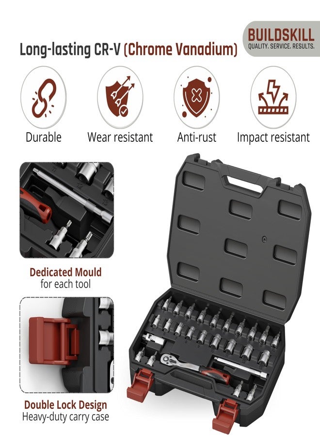 BUILDSKILL 1/4 inch socket set | 26 piece - heavy duty CR-V material | 4" extension bar | bits | quick release reversible ratchet | TPR anti-slip grip | socket wrench set for car & bicycle repairing - Image 3